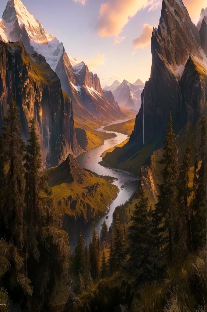 mountains and a river in the foreground with a mountain in the background, max rive, 8 k matte painting, 8k matte painting, the most beautiful landscape, epic beautiful landscape, beautiful mattepainting, majestic nature scenery, matte painting scenery, an amazing landscape image, epic cinematic matte painting, stunning matte painting, stunning nature in background, beautiful matte painting, most epic landscape