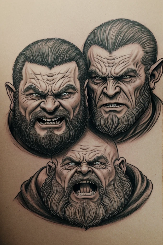 draw me 2 gollums from the lord of the rings in drawing format for tattoo. One of them angry and the other happy