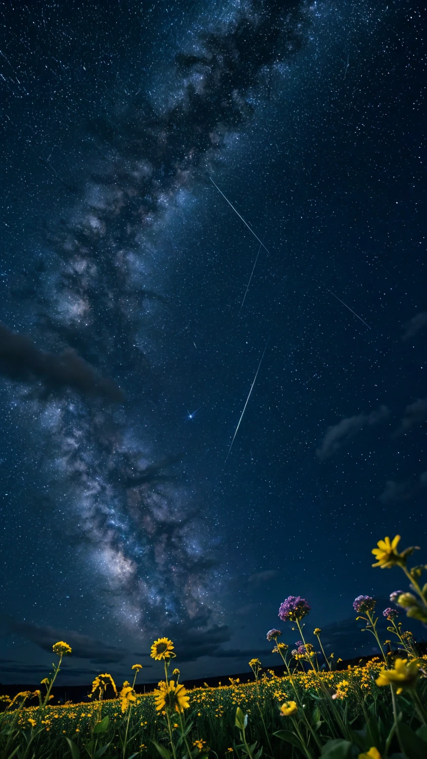 (Zoom out:1.1), (Meteors:1.2), (comet:1.1), Low - Angle, Aloura Borealis, shooting star, Highest quality, masterpiece, cloud, colorful, Starry sky, night, Flower Field, Flowers Bloom, night sky, beautiful flower, night theme,