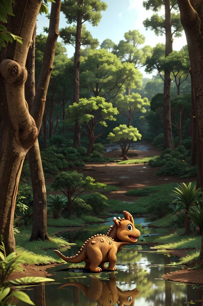 a dinosaur in a forest looking in to a puddle looking at a reflection of them self. 