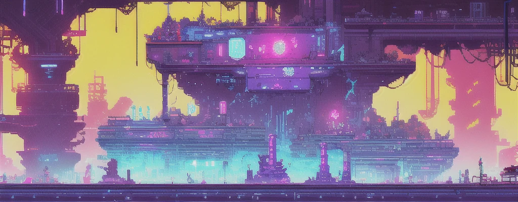 hbyxcj, ficção científica, sem humanos, cenário, cabo, pixel art, futuristic sidescroller game, purple, blue and neon colors, futuristic city in the background with industrial feeling