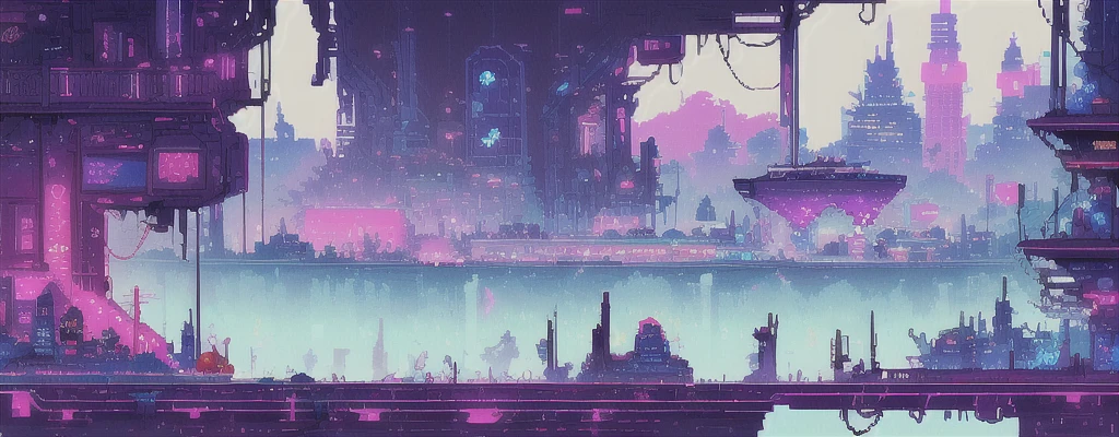 hbyxcj, ficção científica, sem humanos, cenário, cabo, pixel art, futuristic sidescroller game, purple, blue and neon colors, futuristic city in the background with industrial feeling