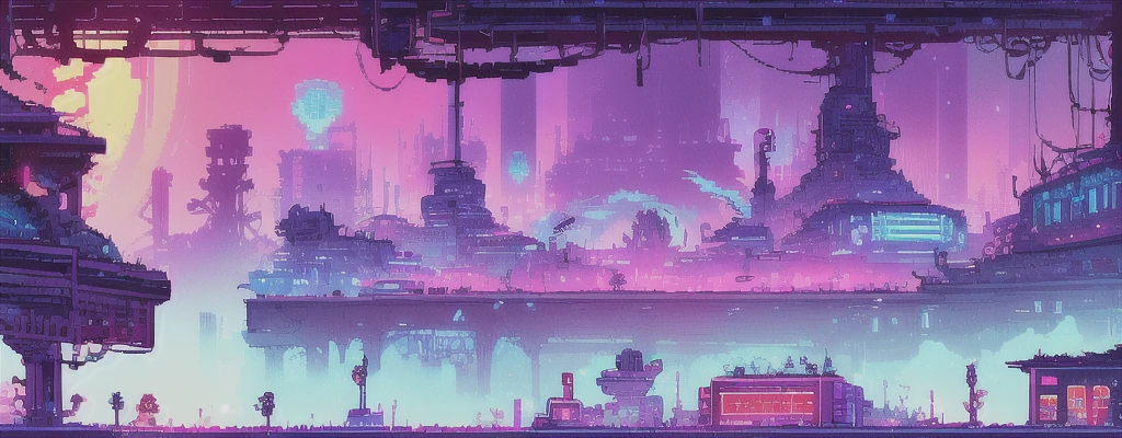 hbyxcj, ficção científica, sem humanos, cenário, cabo, pixel art, futuristic sidescroller game, purple, blue and neon colors, futuristic city in the background with industrial feeling