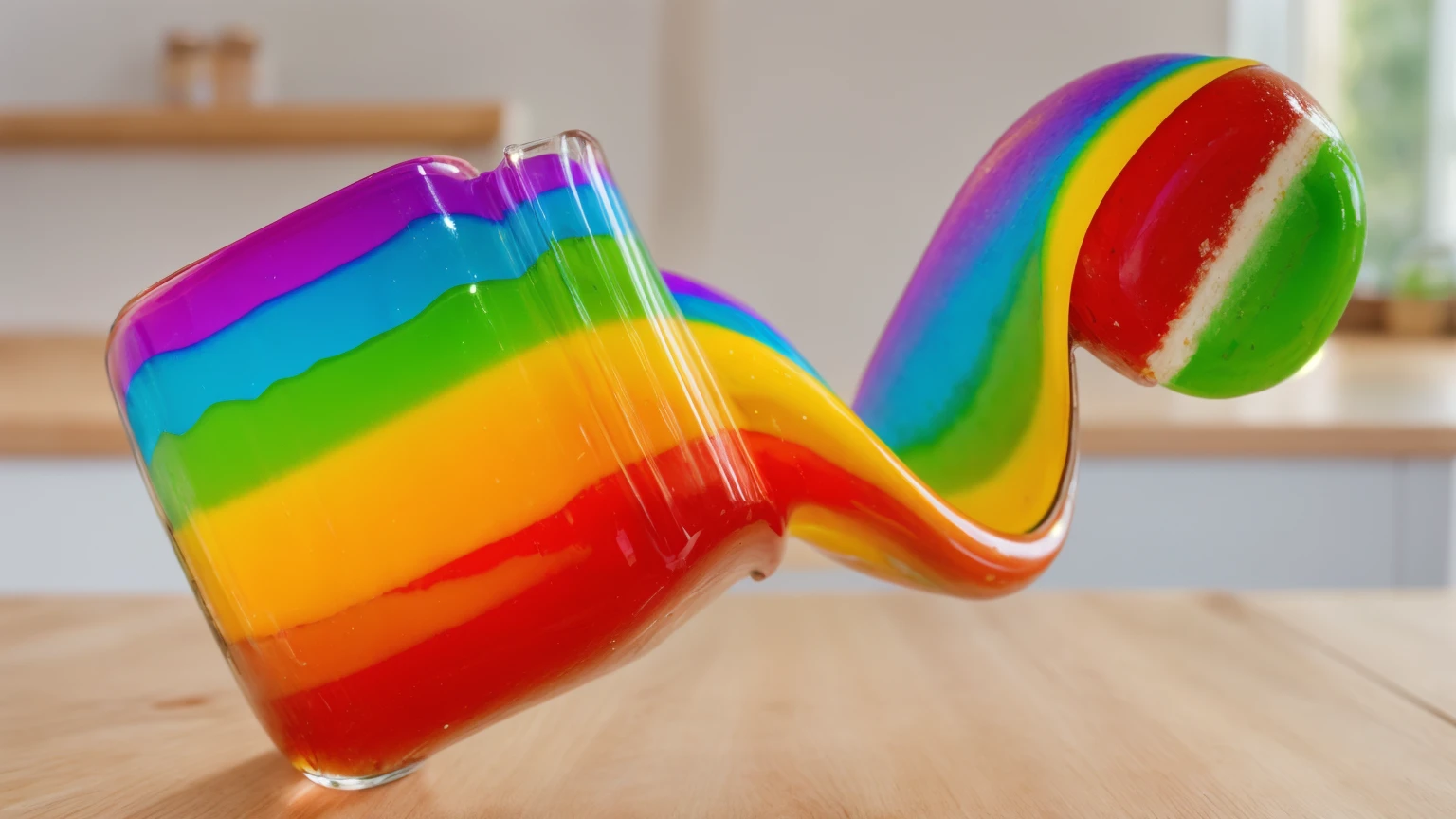 on a wooden table, glass jar with rainbow peanut butter, ice cream dipped in rainbow peanut butter, rainbow peanut butter stretch. against the background of the kitchen .beautiful lighting, Beautiful sunlight, bright lighting, Realistic style , realistic texture, detailed texture, a high resolution, high quality, ultra hd 4k, macro photo