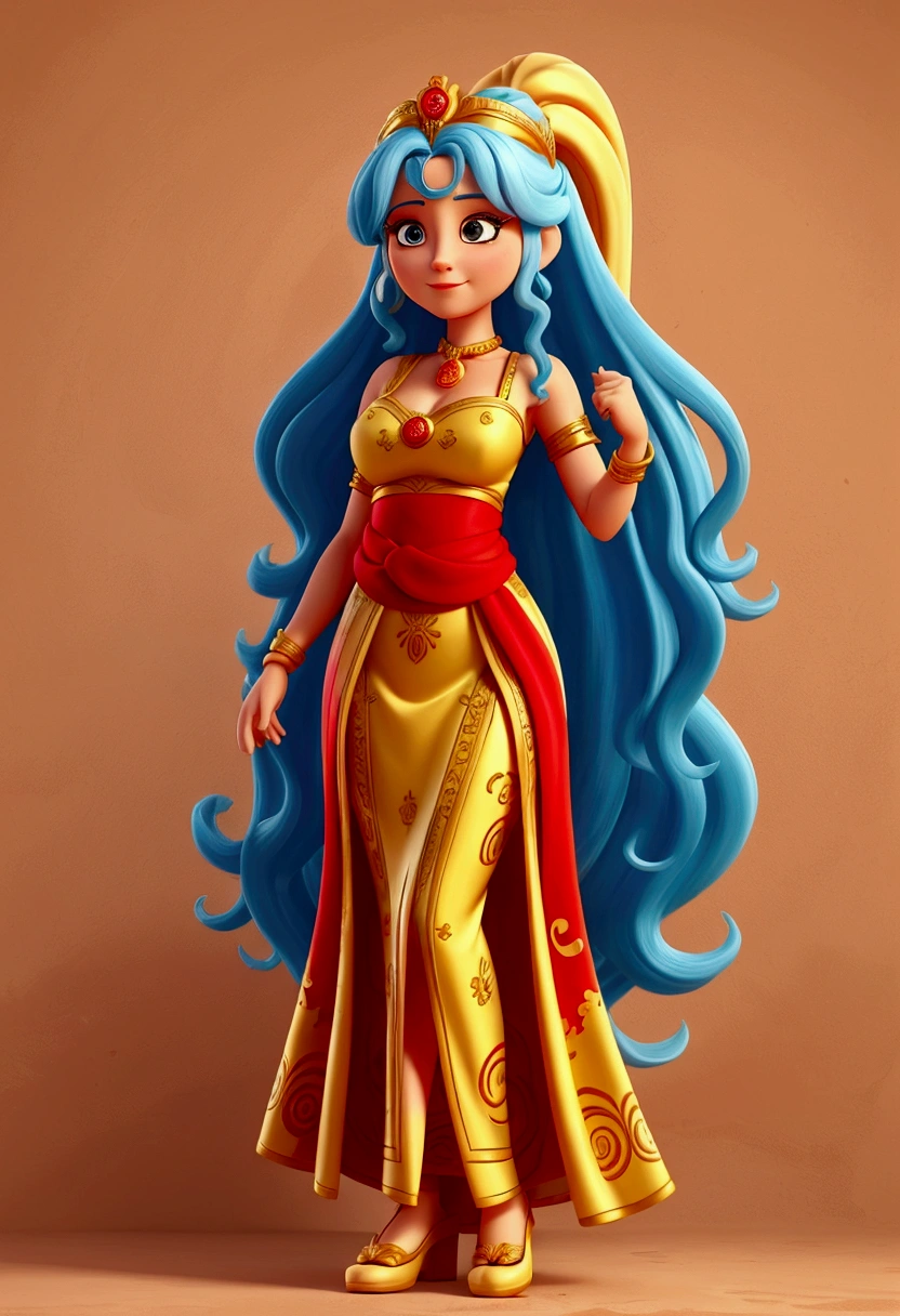 Cartoon character of a woman, A GREEK GODDESS, She is the Goddess of creativity, deusa Teka, she has long white hair, wear a red dress, azul e amarelo. In your hands paint brushes, she is in a ruin in Greece 