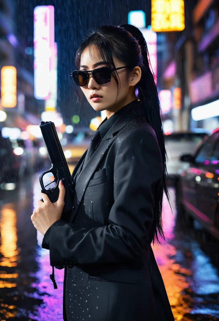 ((Beautiful)), young japanese woman, long black hair tied in a ponytail, wearing a black business suit, wearing dark sunglasses, holding a black pistol in her right hand, standing in a neon city at night in heavy rain