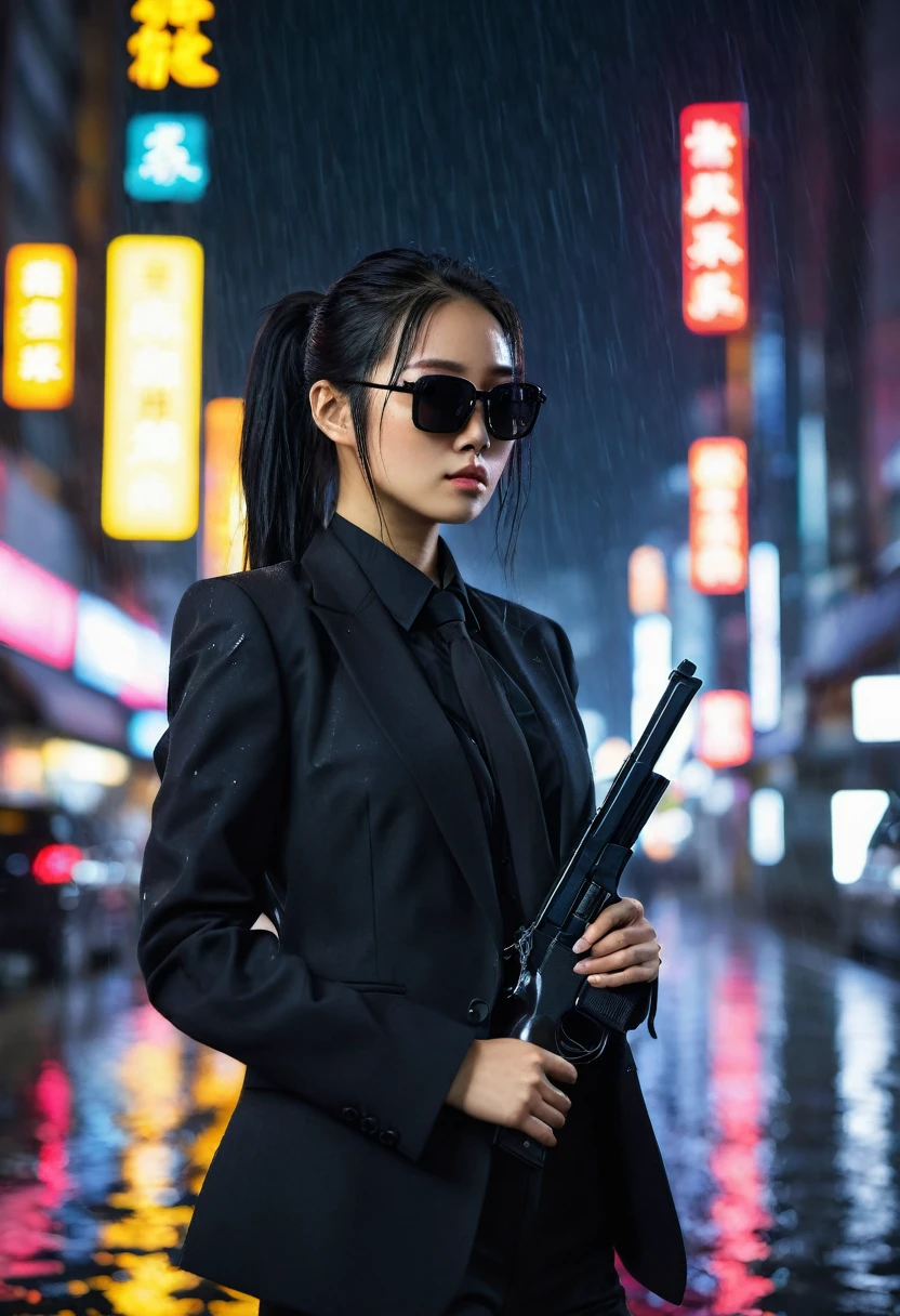 ((Beautiful)), young japanese woman, long black hair tied in a ponytail, wearing a black business suit, wearing dark sunglasses, holding a black pistol in her right hand, standing in a neon city at night in heavy rain