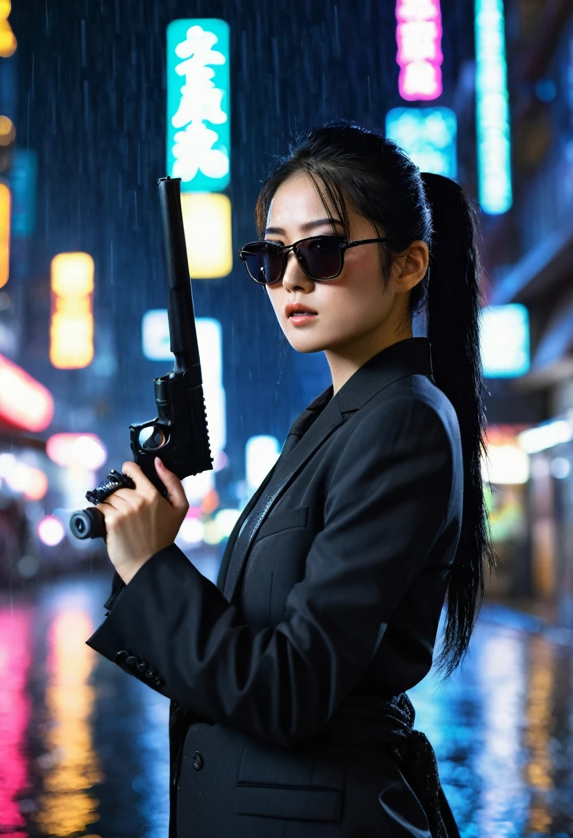 ((Beautiful)), young japanese woman, long black hair tied in a ponytail, wearing a black business suit, wearing dark sunglasses, holding a black pistol in her right hand, standing in a neon city at night in heavy rain