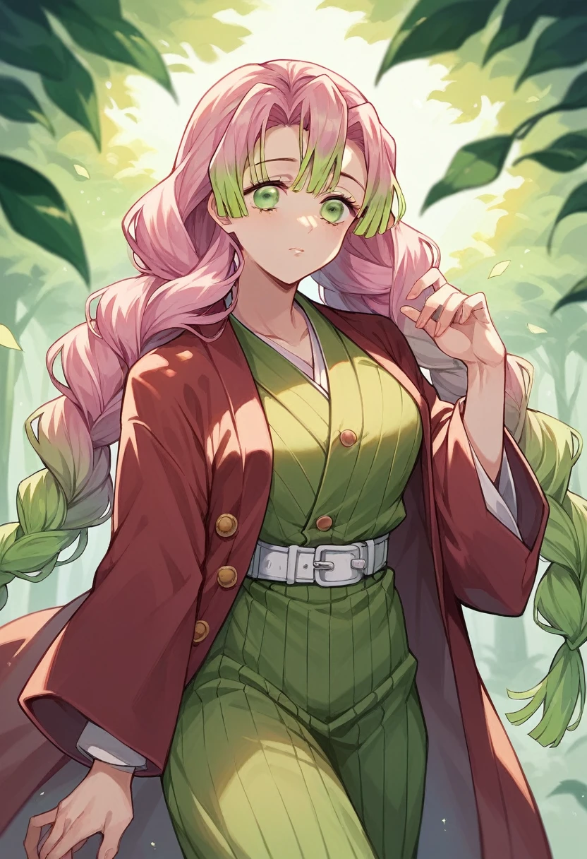 ( The most beautiful masterpiece , Beautiful light , woman ) Kanroji Mitsuri, Kimetsu no Yaiba , green eyes , pink hair green , Single person pic , Light purple yukata , red coat, In the forest , Show the evening sun