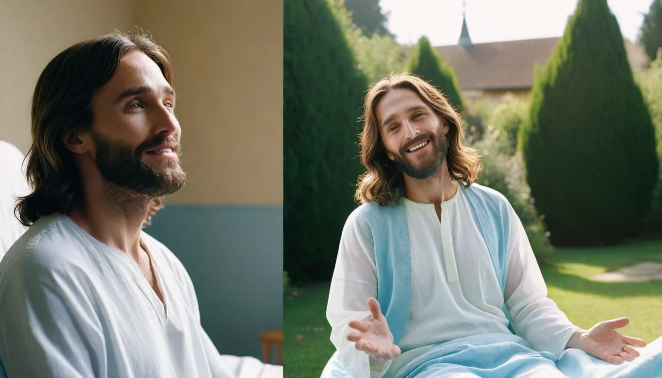 Montage divided into two parts: on the left, a sad person in a hospital bed, looking haggard; on the right, the same person smiling and walking in a sunny garden. In the center, looking from top to bottom, a translucent image of Jesus Christ with a serene and kind face with his hands outstretched over both scenes. Cinematic style, soft colors. Photorealism style, cinematic images, high resolution, 8k