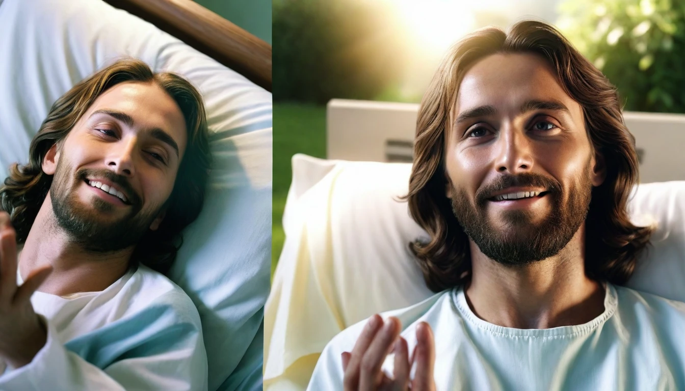 Montage divided into two parts: on the left, a sad person in a hospital bed, looking haggard; on the right, the same person smiling and walking in a sunny garden. In the center, looking from top to bottom, a translucent image of Jesus Christ with a serene and kind face with his hands outstretched over both scenes. Cinematic style, soft colors. Photorealism style, cinematic images, high resolution, 8k