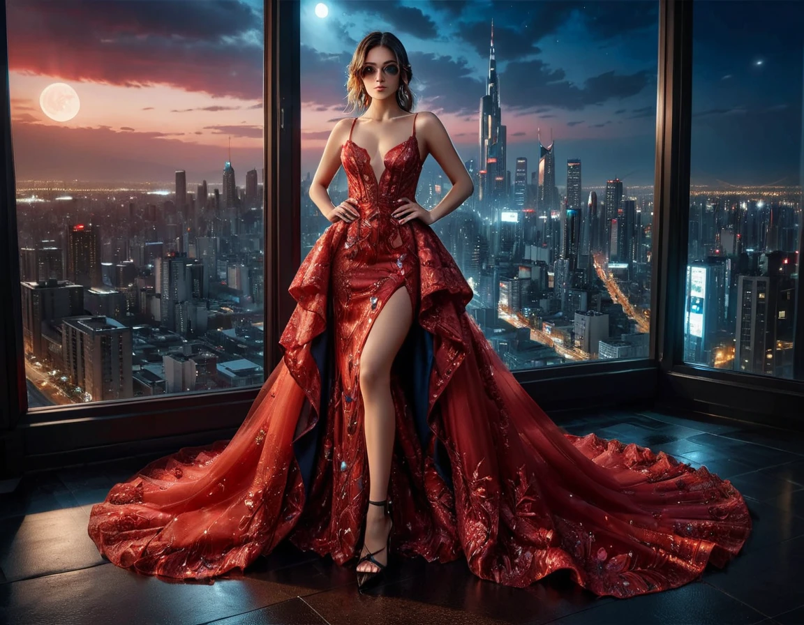 a portrait picture of a 1single woman sniper, standing in a window aiming a sniper rifle, an exotic elegant, beautiful sniper woman, dynamic hair color, braided hair, full body shop, intense blue eyes, wearing intricate glasses ultra detailed face, wearing (intricate red evening dress: 1.5), elegant dress, dynamic color, dynamic style, wearing elegant stiletto heels , behind a window in a tall building at nigh, aiming a (Light Sniper Rifle: 1.2) , cyberpunk city background, its night time, moon rays, some clouds,  (full body shot: 1.1) , vibrant, Ultra-high resolution, High Contrast, (masterpiece:1.5), highest quality, Best aesthetics), best details, best quality, highres, ultra wide angle, 16k, [ultra detailed], masterpiece, best quality, (extremely detailed) Sniper Rifle, evening dress
