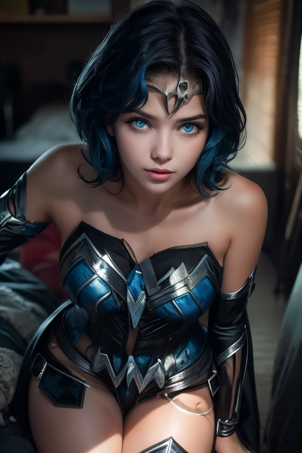 21 years old, short black hair with blue highlights, looking at the viewer, blue eyes, perfect and sensual body, cowboy photo, high resolution, black hair, highlighted hair, blue hair, hair behind the ear, short hair, blush, closed eyes, cowboy shot, textured skin, best quality, masterpiece, accurate, 8k, highres, best quality