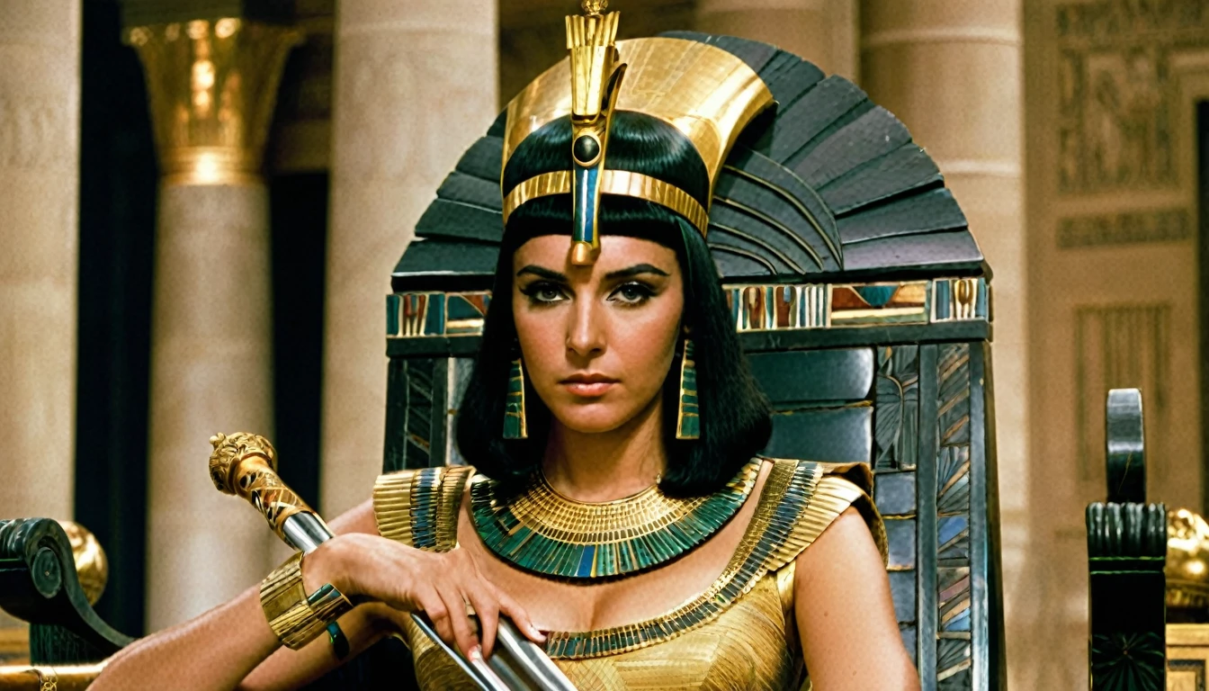 Description: Cleopatra sitting on her throne, with an ambitious and determined look, holding a scepter.
