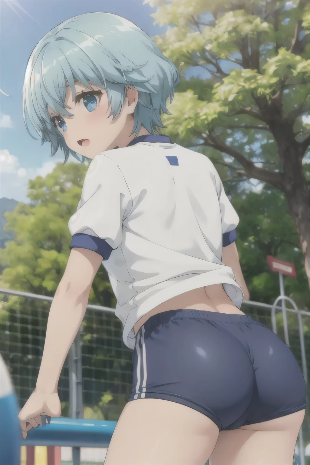 a very nice anime picture of a woman with underwear on and very sexy, watanabe you, buruma, ass, gym uniform, blue eyes, solo, censored, blue buruma, shirt, penis, outdoors, smile, white shirt, poolside, pool, open mouth, gym shirt, looking at viewer, short hair, salute