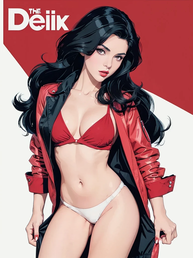 score_9, score_8, score_7,A stunning illustration ((Patrick Nagel Style)) dark-haired goddess, dressed in 1980s womens fashion, open jacket, open shirt red, a beauty pinup art style, graphic design, flat colours,  white skin no shadows, 2 or 3 colour palette, background 1 flat colour. Portrait Style. 