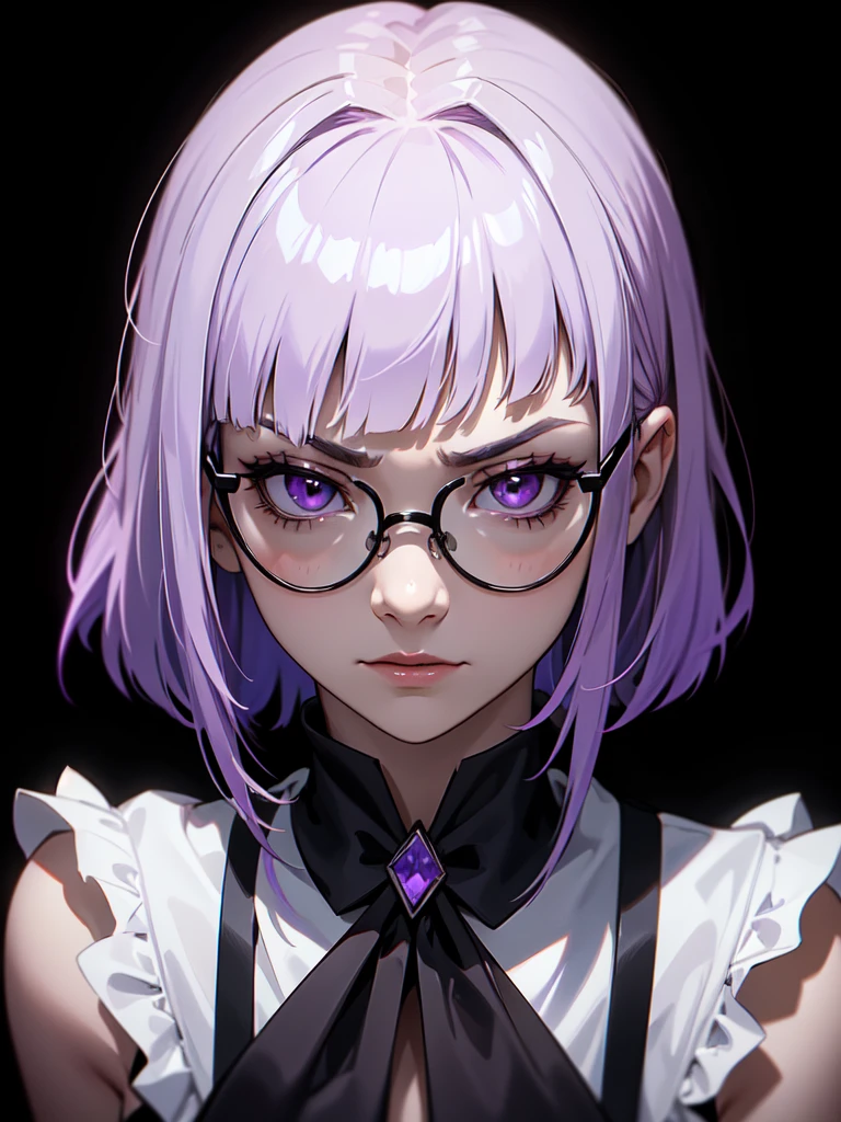 (((Portrait Photo))), She has a Strong, Sinister 18-Year-Old Appearance, with a Slim, Athletic Build, and an Aggressive Demeanor. She has Short, Straight Light Lilac Hair that Falls Just Below Her Face, with Neat Blunt Bangs. Her Purple Eyes Showing a Dead and Dull Look, Giving Off a Serious Attitude. She Wears a Sleeveless White Top with a High Collar Adorned with a Black Ribbons, Accompanied by a Glasses and Black Gloves. (((High Quality, Dark Background))), (((Portrait Photo)))