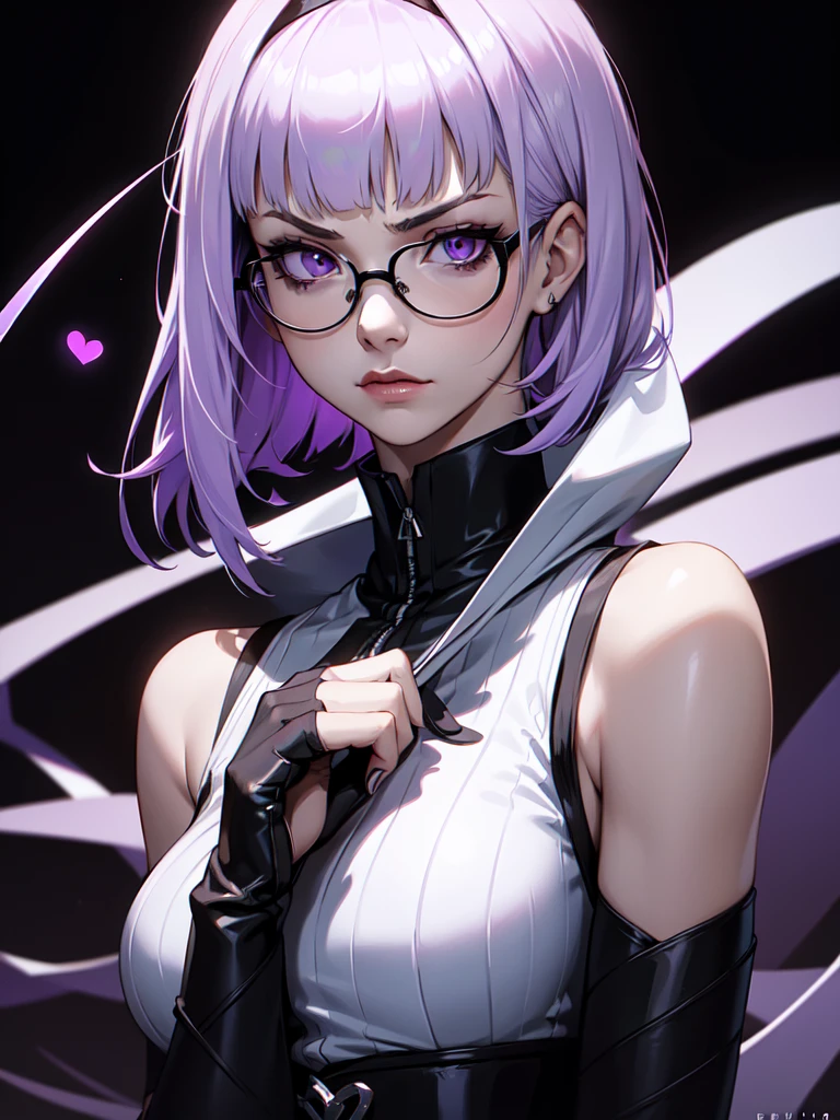 (((Portrait Photo))), She has a Strong, Sinister 18-Year-Old Appearance, with a Slim, Athletic Build, and an Aggressive Demeanor. She has Short, Straight Light Lilac Hair that Falls Just Below Her Face, with Neat Blunt Bangs. Her Purple Eyes Showing a Dead and Dull Look, Giving Off a Serious Attitude. She Wears a Sleeveless White Top with a High Collar Adorned with a Black Ribbons, Accompanied by a Glasses and Black Gloves. (((High Quality, Dark Background))), (((Portrait Photo)))