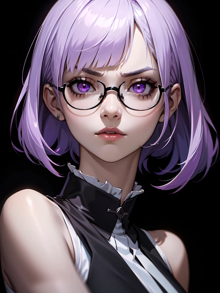 (((Portrait Photo))), She has a Strong, Sinister 18-Year-Old Appearance, with a Slim, Athletic Build, and an Aggressive Demeanor. She has Short, Straight Light Lilac Hair that Falls Just Below Her Face, with Neat Blunt Bangs. Her Purple Eyes Showing a Dead and Dull Look, Giving Off a Serious Attitude. She Wears a Sleeveless White Top with a High Collar Adorned with a Black Ribbons, Accompanied by a Glasses and Black Gloves. (((High Quality, Dark Background))), (((Portrait Photo)))