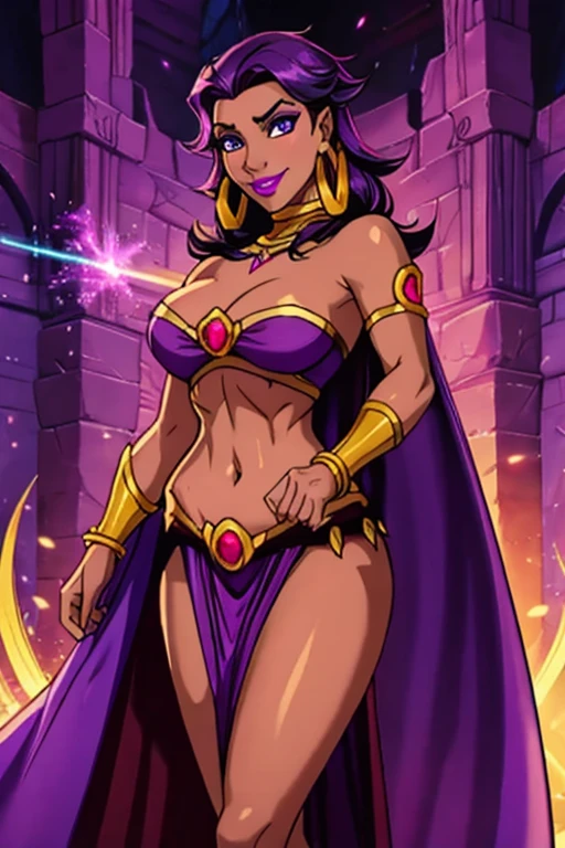 A beautiful mature sorceress (1 girl). League of Legends character, League of Legends style, RPG video game, RPG video game character, designed by Bo Chen. 28 years old, dark-skinned female, with long purple flowing hair, purple eyes, purple iris, mascaras purple eyeshadow, smile, purple lipstick, medium breasts. Wearing golden ringed earrings, purple cape, purple strapless top, purple loincloth, golden armlets and golden boots. ((bright purple magical sparks in both hands)). Glamorous, confident expression, her appearance reflects on her mysterious and alluring appeal. Dramatic lighting, high contrast, highly saturated colors, 8k wallpaper, League of Legends based environment, League of Legends based setting, night time, castle ruins and magenta aroura's surrounding her
