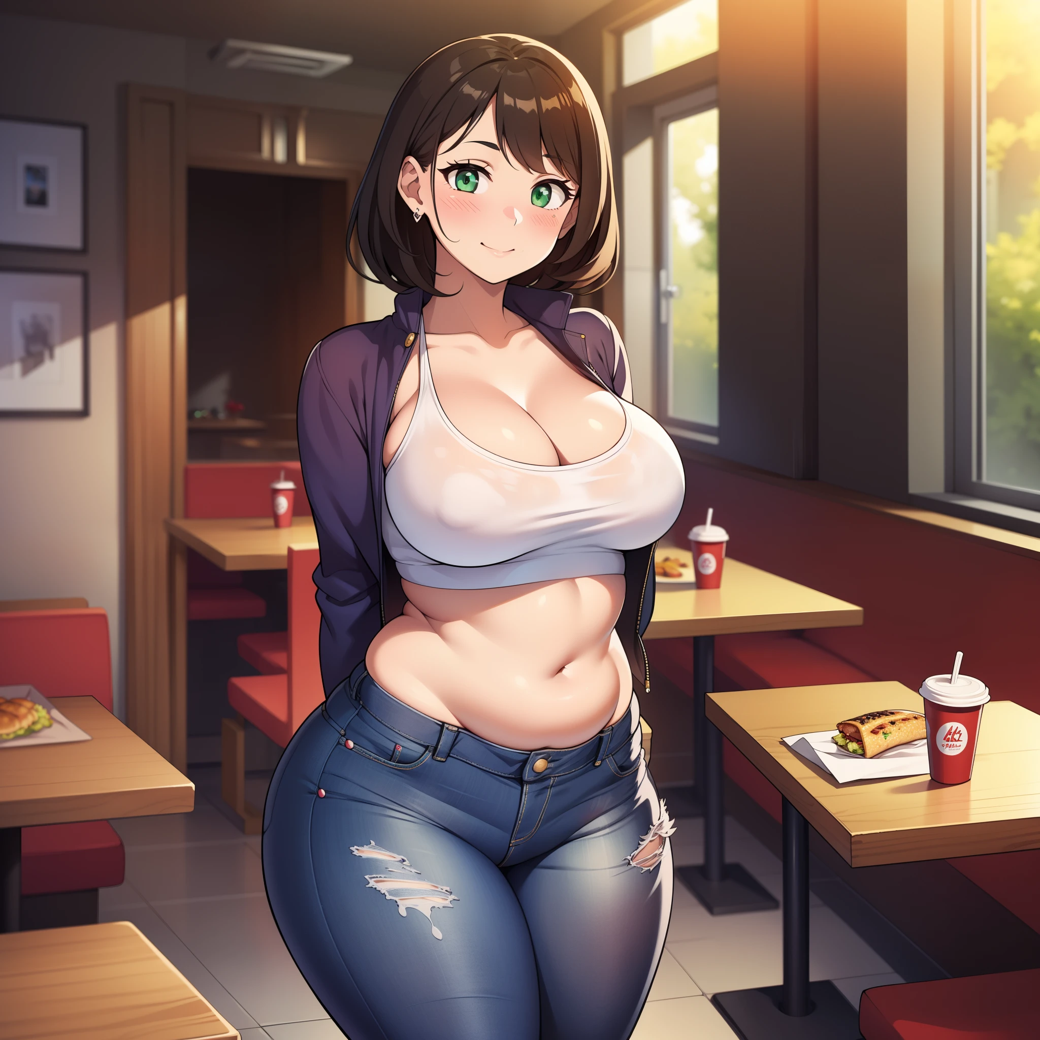 ((highres)), Masterpiece, high quality, best quality, beautiful, perfect lighting, detailed face, ultra cute face, looking at viewer, on a date, ((blush)), affectionate smile, (full body), ((1girl)), ((solo)), brown hair, fluffy hair, green eyes, jeans, crop top, tight clothes, fast food restaurant, medium breasts, cleavage, wide hips, ((thick thighs)), ((chubby)), chubby belly, standing, arms behind back, table full of food,