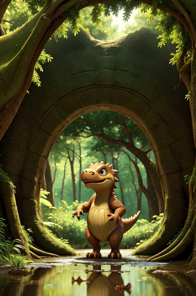 a dinosaur in a forest looking in to a puddle looking at a reflection of them self. make the image more zoomed in