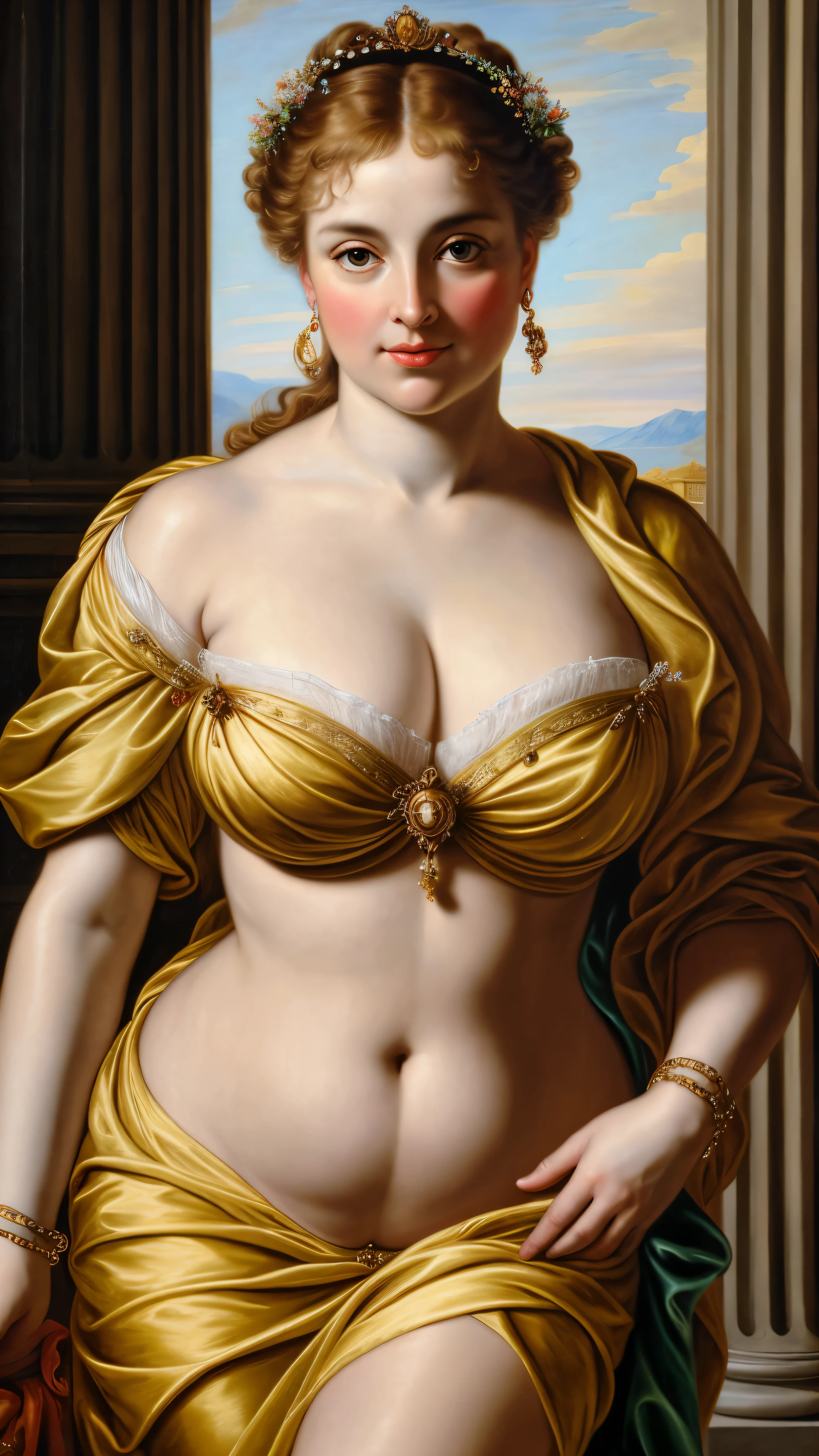 Original Character, ethereal beauty, aesthetic, Masterpiece, 45 years old Woman, thick figure, Full figured lady, middle aged beautiful woman, Best quality, high clarity eyes, critically flawless,sharp picture, styled hair, long hair, fluffy hair, Full portrait, High pixels, perfect face, perfect eyes, beautiful face, perfect hands,perfect fingers, in Peter Paul Rubens style, by Peter Paul Rubens, baroque style, acrylic on canvas, highly detailed, description: "Create a nymph inspired by the tales of Greek or Roman mythology, embodying the essence of a natural element or location, and possessing a unique ability or trait that sets her apart."