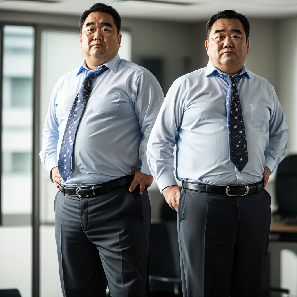 mid bear,solo, looking at viewer, shirt, black hair, long sleeves, 1boy, closed mouth, white shirt, male focus, necktie, collared shirt, belt, pants, indoors, blurry, dress shirt, blurry background, facial hair, black pants, black necktie, black belt, realistic, fat, fat man, office, salaryman,