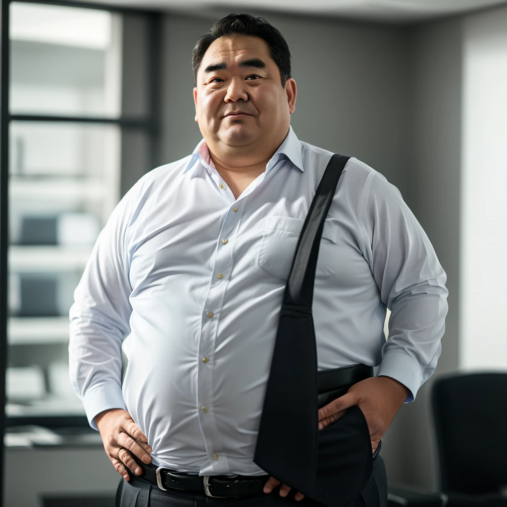 mid bear,solo, looking at viewer, shirt, black hair, long sleeves, 1boy, closed mouth, white shirt, male focus, necktie, collared shirt, belt, pants, indoors, blurry, dress shirt, blurry background, facial hair, black pants, black necktie, black belt, realistic, fat, fat man, office, salaryman,