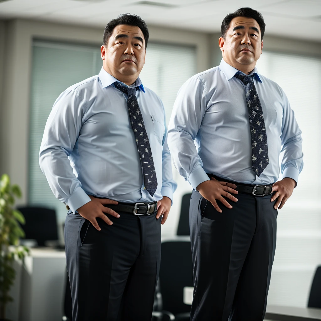 mid bear,solo, looking at viewer, shirt, black hair, long sleeves, 1boy, closed mouth, white shirt, male focus, necktie, collared shirt, belt, pants, indoors, blurry, dress shirt, blurry background, facial hair, black pants, black necktie, black belt, realistic, fat, fat man, office, salaryman,