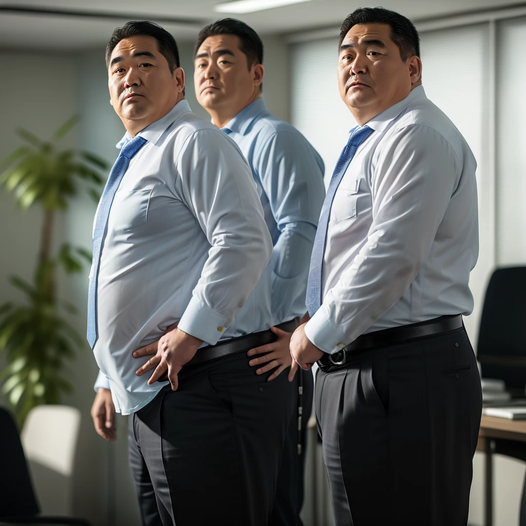 mid bear,solo, looking at viewer, shirt, black hair, long sleeves, 1boy, closed mouth, white shirt, male focus, necktie, collared shirt, belt, pants, indoors, blurry, dress shirt, blurry background, facial hair, black pants, black necktie, black belt, realistic, fat, fat man, office, salaryman,