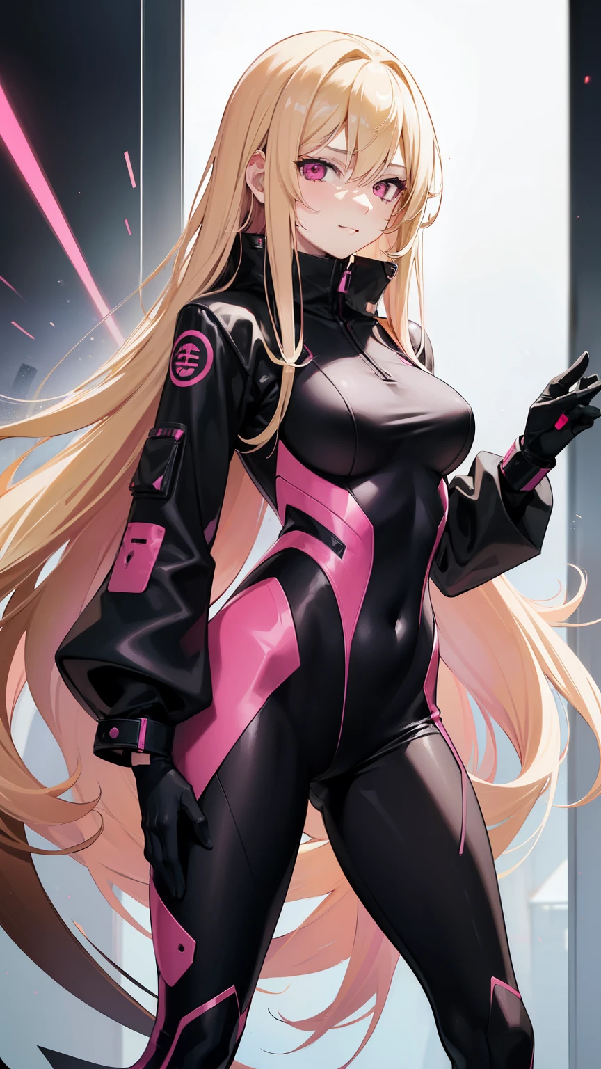 (((Adult woman))), pink eyes, (long blonde hair), black-pink plugsuit, smirk, half body