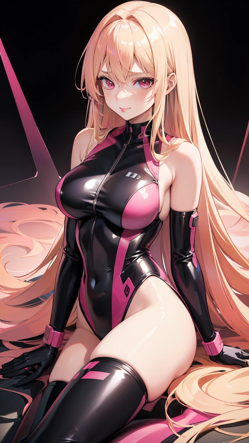 (((Adult woman))), pink eyes, (long blonde hair), black-pink plugsuit, smirk, half body