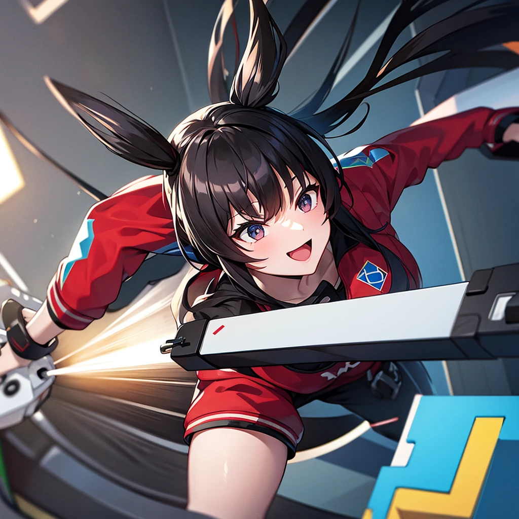 logo of playing fun game with hammer as controller wearing glass and black hair