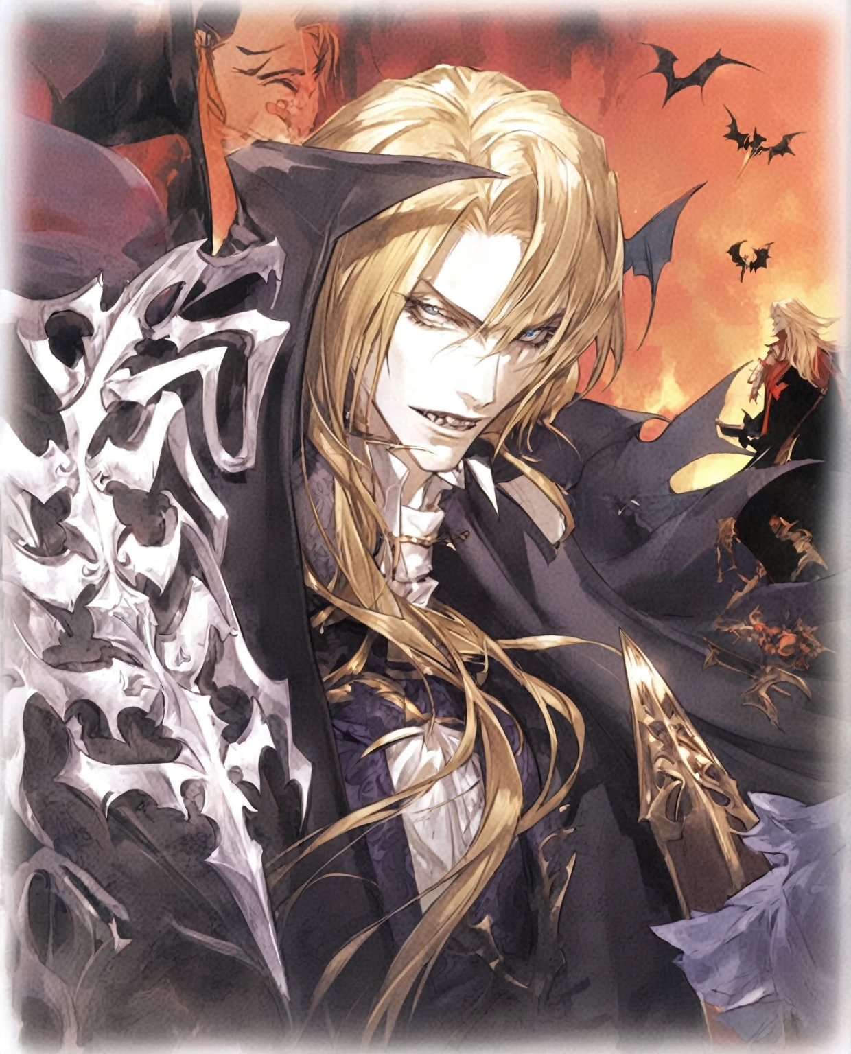 Close-up of a person holding a bat, Alucard, Beautiful male grim reaper, Handsome men from Demon Slayer, elric of melnibone, johan liebert mixed with Alucard, handsome Male vampire, Vampire Lord, Male vampire of clan banu haqim, Male vampire, Shadowverse Style, Meta Demon King