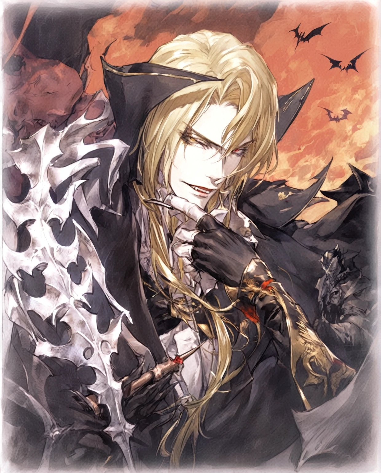Close-up of a person holding a bat, Alucard, Beautiful male grim reaper, Handsome men from Demon Slayer, elric of melnibone, johan liebert mixed with Alucard, handsome Male vampire, Vampire Lord, Male vampire of clan banu haqim, Male vampire, Shadowverse Style, Meta Demon King