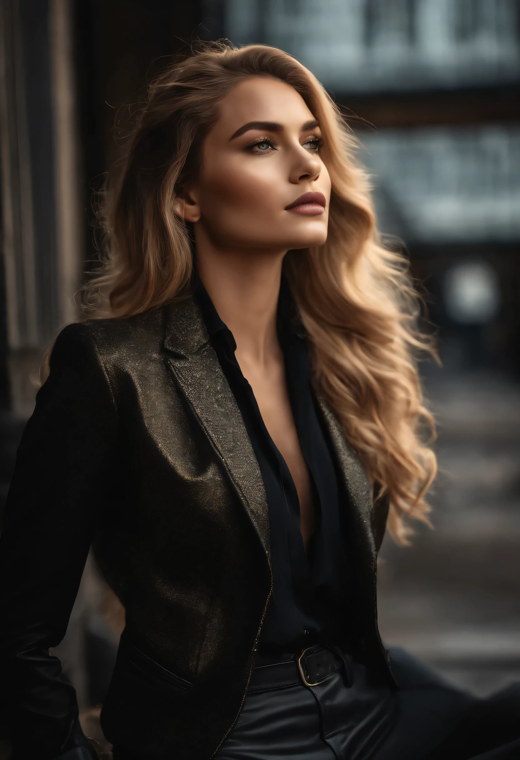 (high qualiy,realisitic:1.2),portraite,golden hair,beautiful girl wearing a black jacket,detailedeyes,Delicious lips,Sensual Gaze,luxurious texture,glittering highlights,softshadows,subtle smile,Flawless makeup,perfect skin tone,varied golden tones,mesmerizing presence,extraordinary attention to detail,immaculate shading,flawless complexion,expressive eyebrows,long eyelashes,graceful pose,elegant and confident behavior,striking contrast between the jacket and the hair,professional photograpy,rich color palette,soft lighting,subtle bokeh effects,glowing complexion,meticulously crafted resources,exquisite realism,artistic sophistication.