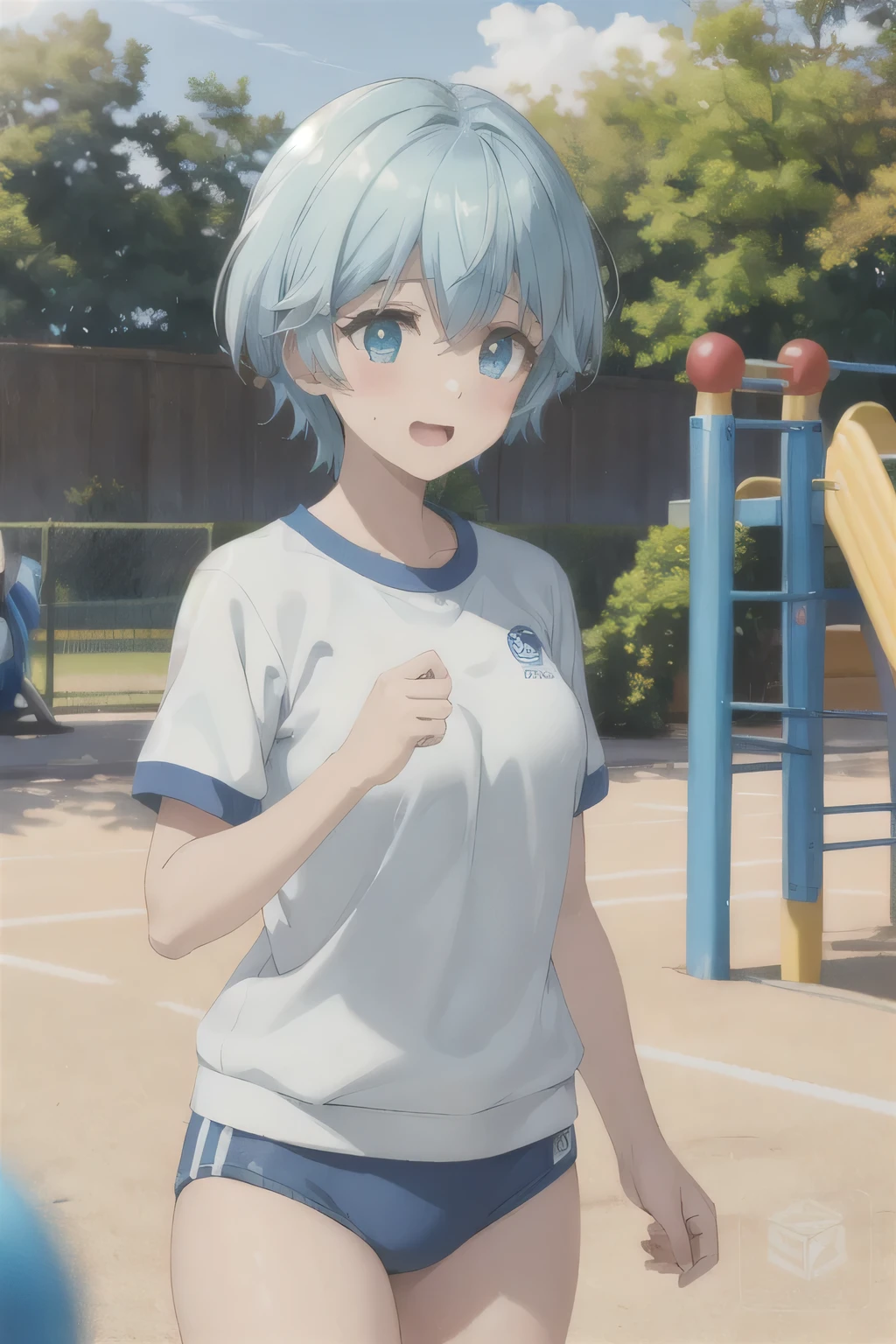 short hair，Blue Hair，Japanese gym clothes，playground