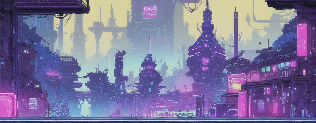 hbyxcj, ficção científica, sem humanos, cenário, cabo, pixel art, futuristic sidescroller game, purple, blue and neon colors, futuristic city in the background with industrial feeling, vivid colors