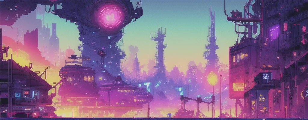 hbyxcj, ficção científica, sem humanos, cenário, cabo, pixel art, futuristic sidescroller game, purple, blue and neon colors, futuristic city in the background with industrial feeling, vivid colors