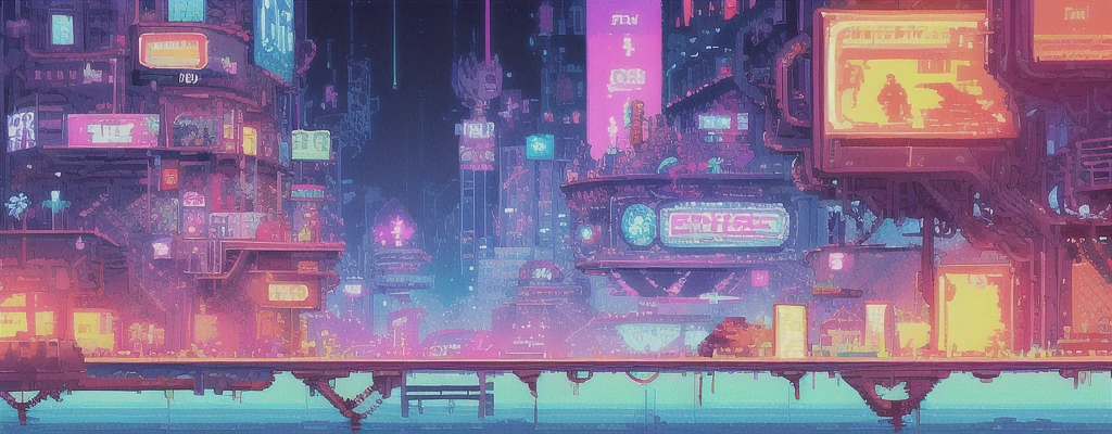 hbyxcj, ficção científica, sem humanos, cenário, cabo, pixel art, futuristic sidescroller game, purple, blue and neon colors, futuristic city in the background with industrial feeling, vivid colors