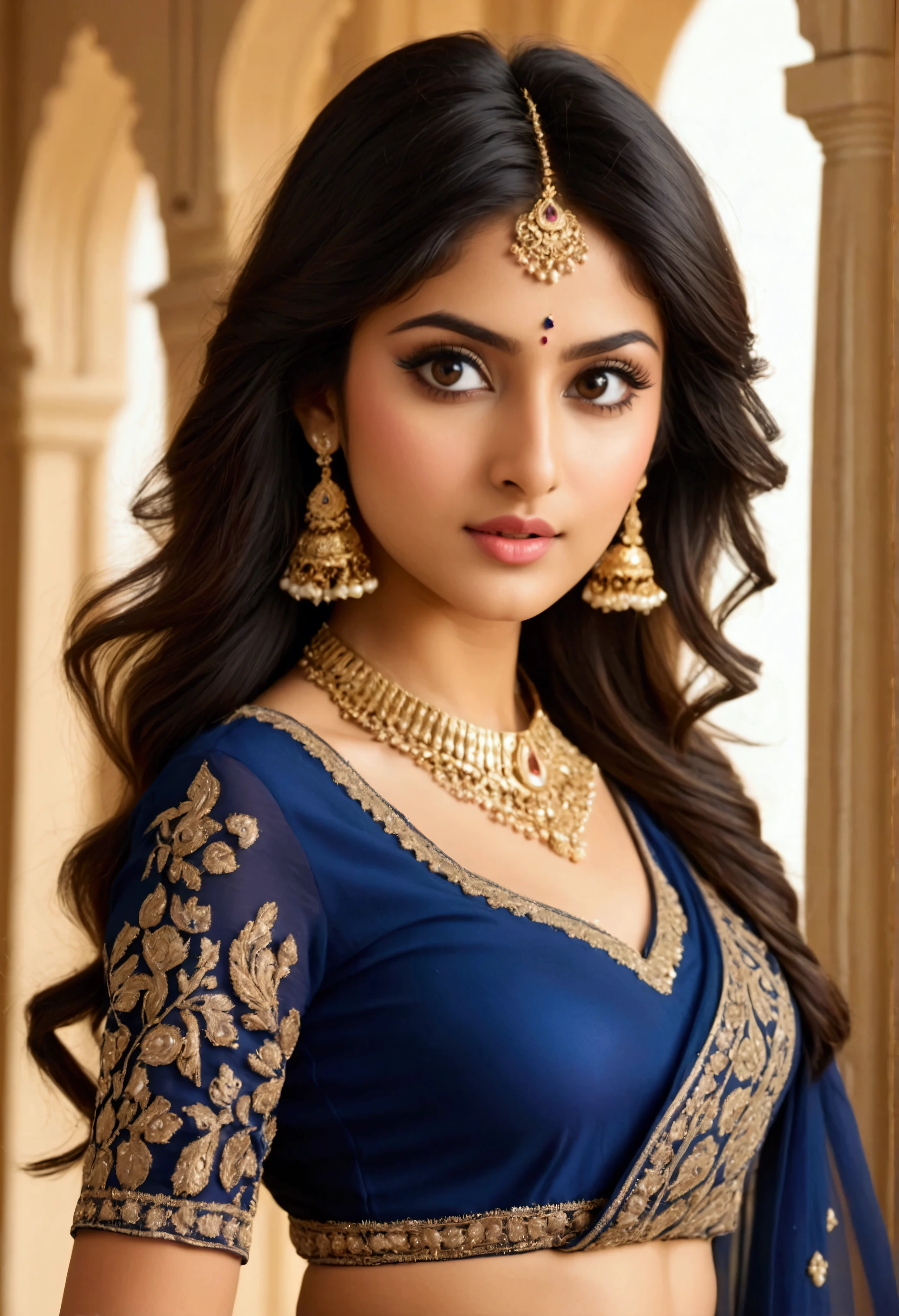 Rhea Sen plays a beautiful 21-year-old woman, She is wearing a gorgeous navy blue ghagra and long blouse, Eye mascara, eye shadow, Long eyelashes, Gold Jewelry, Stand in the palace, Upper Body, Front view, Big Plans, Pubic hair is visible