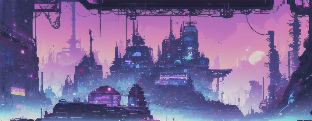 hbyxcj, ficção científica, sem humanos, cenário, cabo, pixel art, futuristic sidescroller game, purple, blue and neon colors, futuristic city in the background with industrial feeling, at night