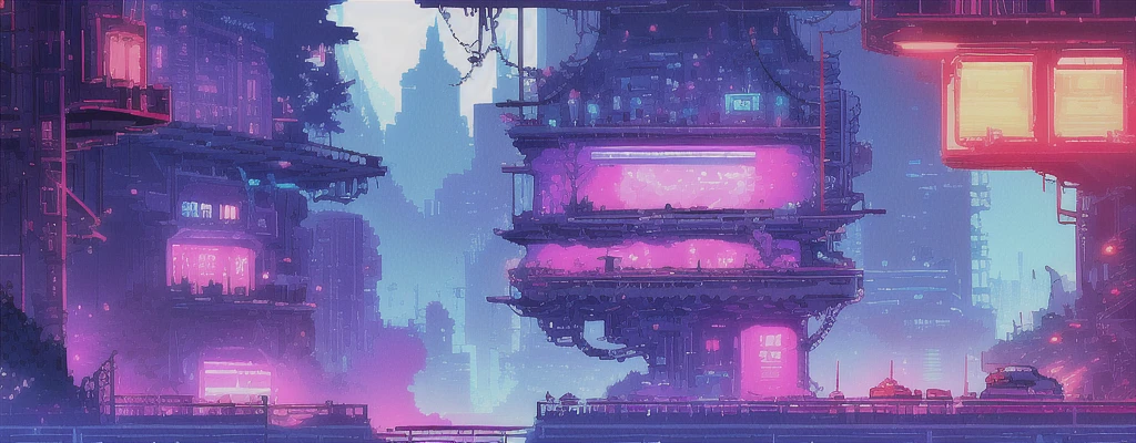 hbyxcj, ficção científica, sem humanos, cenário, cabo, pixel art, futuristic sidescroller game, purple, blue and neon colors, futuristic city in the background with industrial feeling, at night