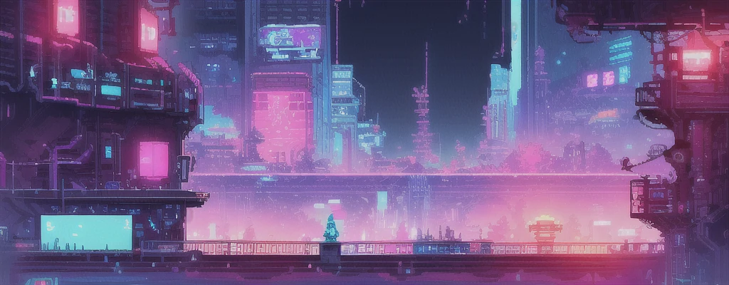 hbyxcj, ficção científica, sem humanos, cenário, cabo, pixel art, futuristic sidescroller game, purple, blue and neon colors, futuristic city in the background with industrial feeling, at night