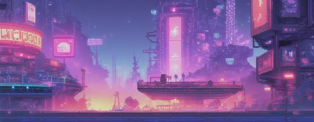 hbyxcj, ficção científica, sem humanos, cenário, cabo, pixel art, futuristic sidescroller game, purple, blue and neon colors, futuristic city in the background with industrial feeling, at night