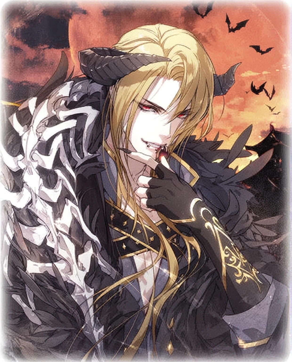 Please draw me a detailed anime style illustration in the style of Pixiv Art。The character has long blonde hair、A beautiful male demon with piercing red eyes.。He wears a lavish dark fantasy style outfit with black and gold embellishments。He has big black horns on his head.、The background depicts a sunset sky and flying bats.。He has a captivating smile、There's blood on my fingertips。The illustrations have a mysterious and dark atmosphere.、The soft lighting highlights his delicate features and the smooth texture of his hair.。4K、masterpiece、Highest quality。