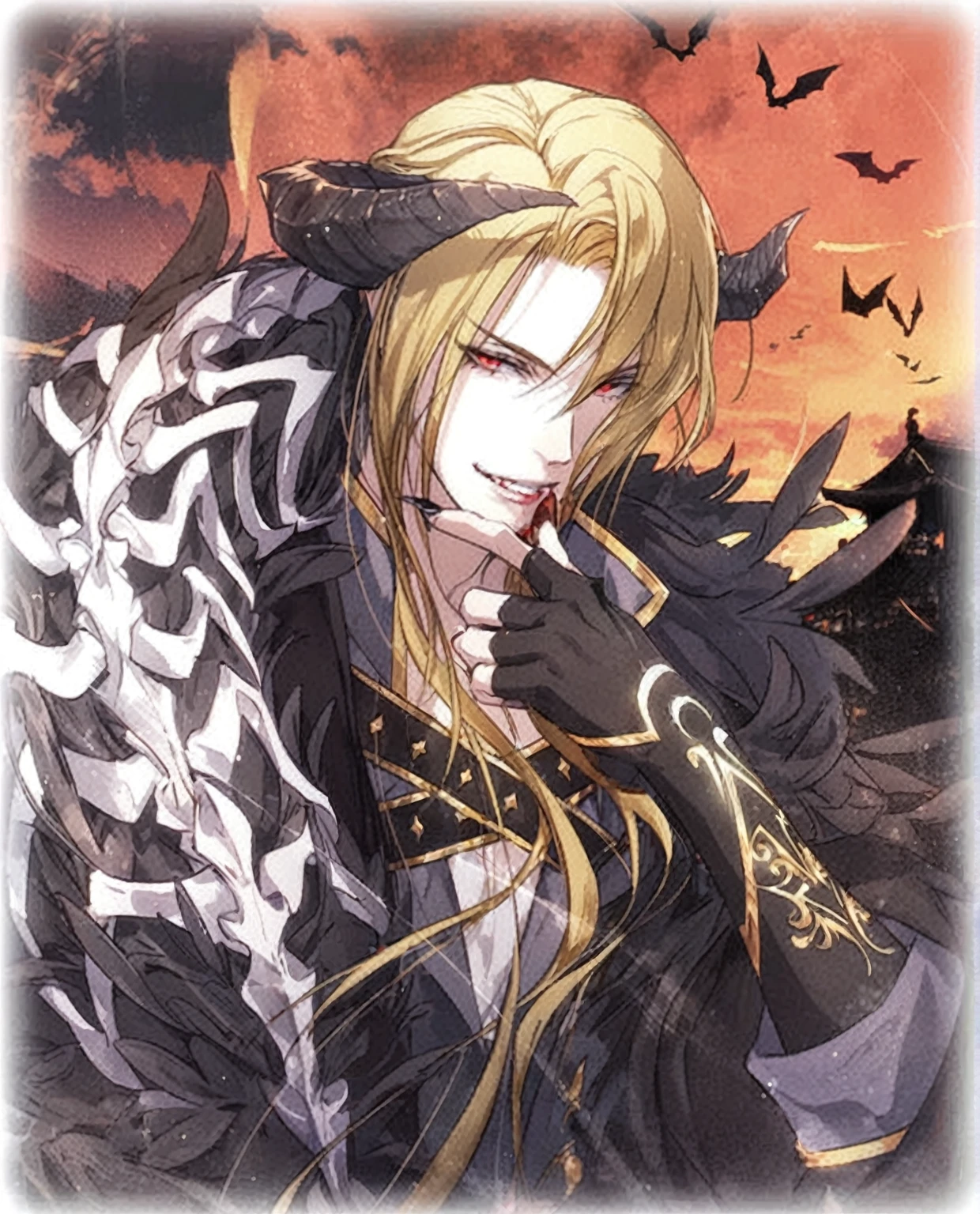 Please draw me a detailed anime style illustration in the style of Pixiv Art。The character has long blonde hair、A beautiful male demon with piercing red eyes.。He wears a lavish dark fantasy style outfit with black and gold embellishments。He has big black horns on his head.、The background depicts a sunset sky and flying bats.。He has a captivating smile、There's blood on my fingertips。The illustrations have a mysterious and dark atmosphere.、The soft lighting highlights his delicate features and the smooth texture of his hair.。4K、masterpiece、Highest quality。