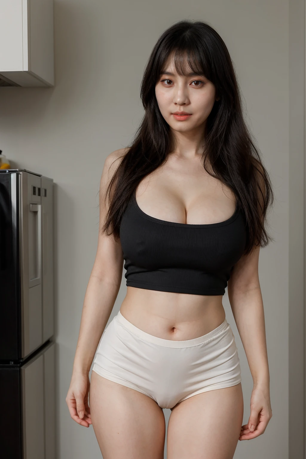 Young woman, korean, Korean idol, idol make up, brunette, bangs, pale skin, very long straight hair, idol face, unbelievably beautiful face, big lips, ((large breasts)), ((thin waist)), ((very wide hips)), white tanktop, black panties, full body, kitchen setting, puckered lips