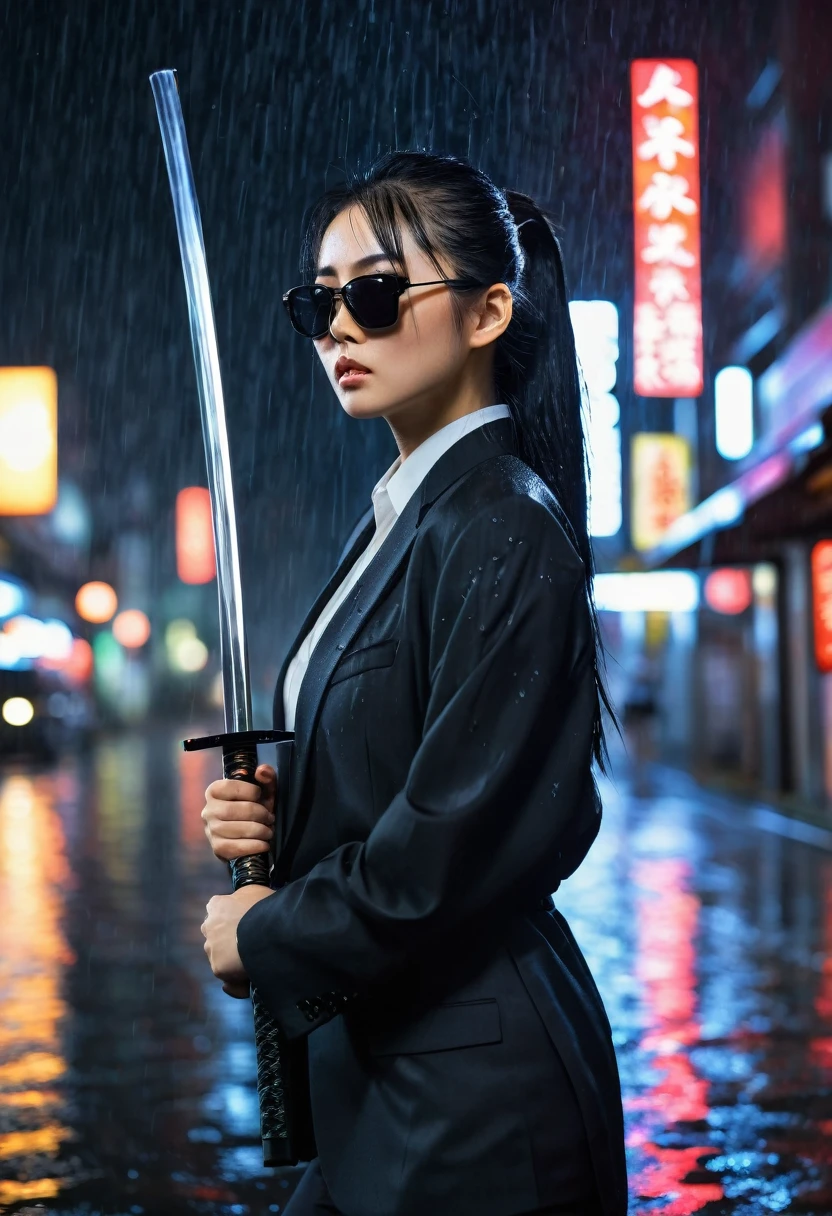 ((Beautiful)), young japanese woman, long black hair tied in a ponytail, wearing a black business suit, wearing dark sunglasses, holding a katana, standing in a neon city at night in heavy rain